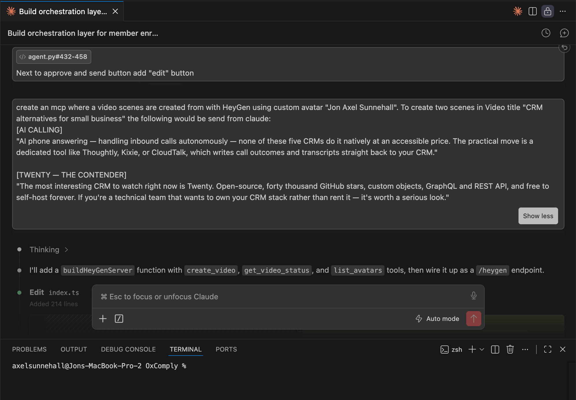 Claude Code in VS Code building the HeyGen MCP server, adding create_video, get_video_status and list_avatars tools