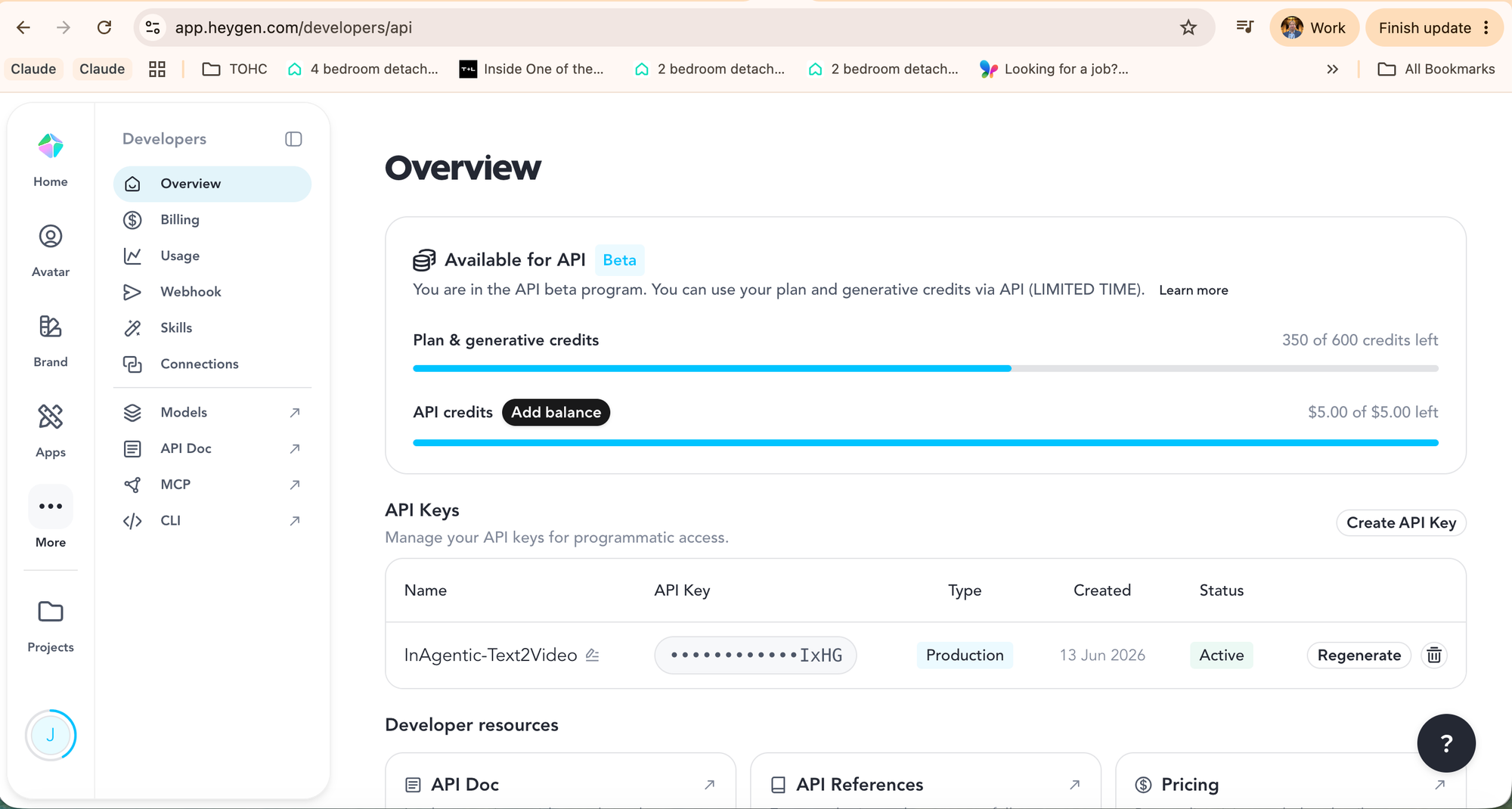 HeyGen developer portal showing the InAgentic-Text2Video API key and credit balance