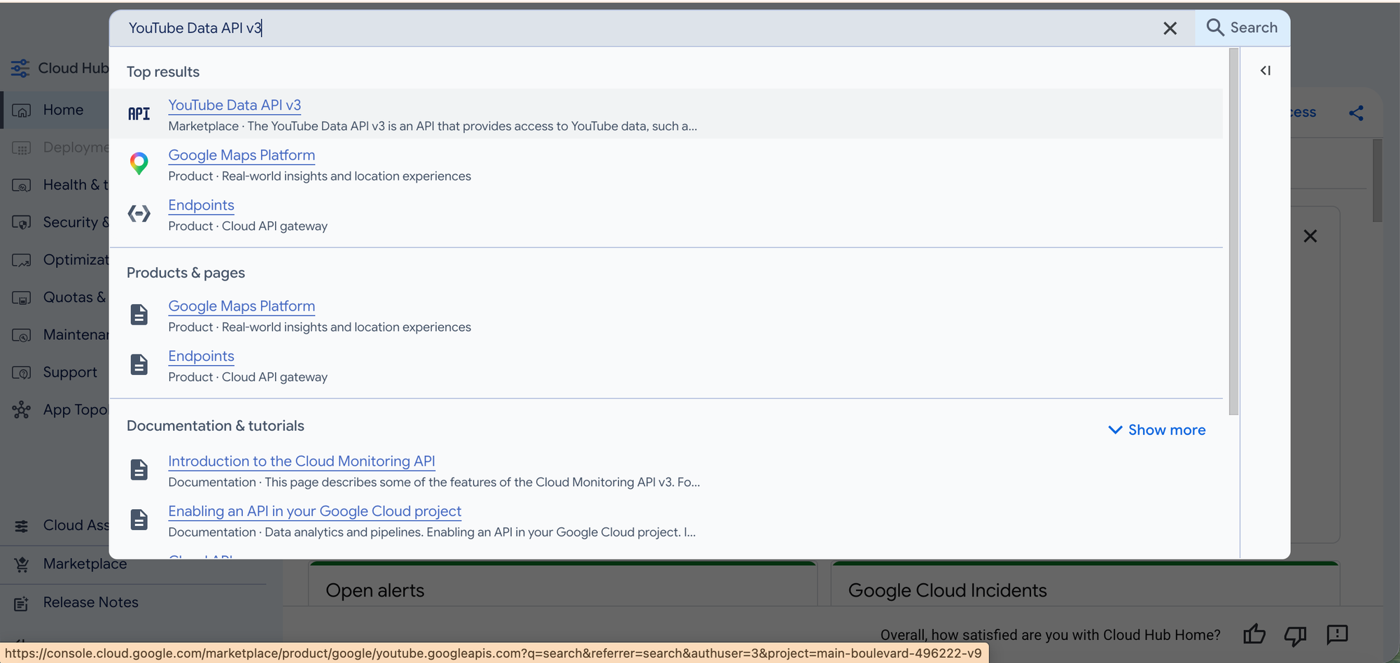 Google Cloud Console marketplace search showing YouTube Data API v3